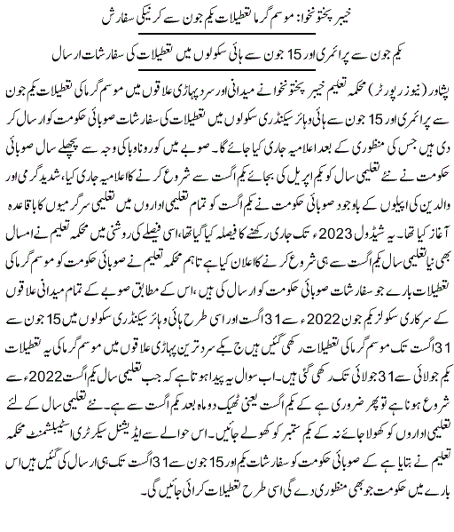 Summer Vacations in KPK Schools